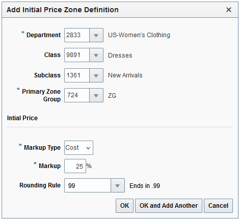 Add Initial Price Zone Definition dialog