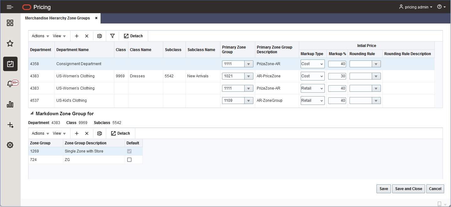 Initial Price Zone Definitions tab