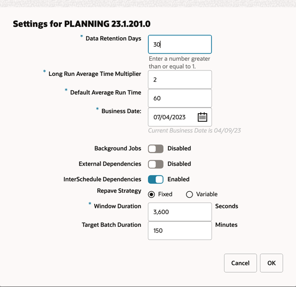 Edit Settings Window Edit Settings Window