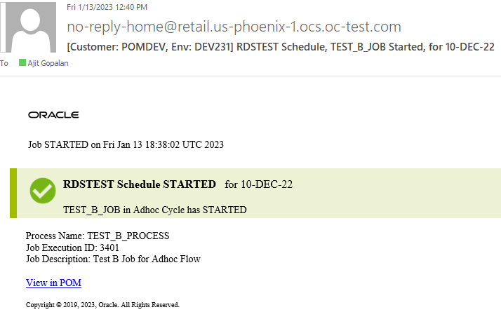 Example Job Start Email