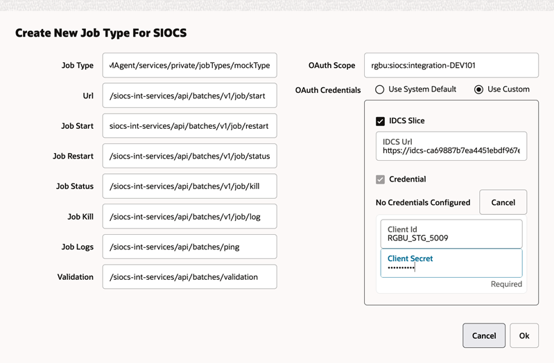 Create Job Type Window – Using Custom OAuth Credentials – Client ID and Secret Create Job Type Window – Using Custom OAuth Credentials – Client ID and Secret