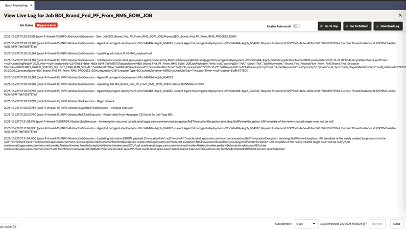 View Live Log Screen