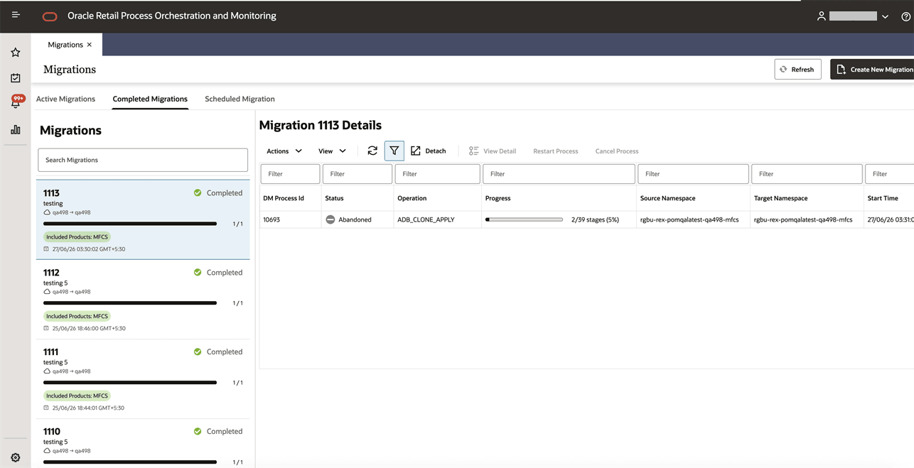 Completed Migration Tab