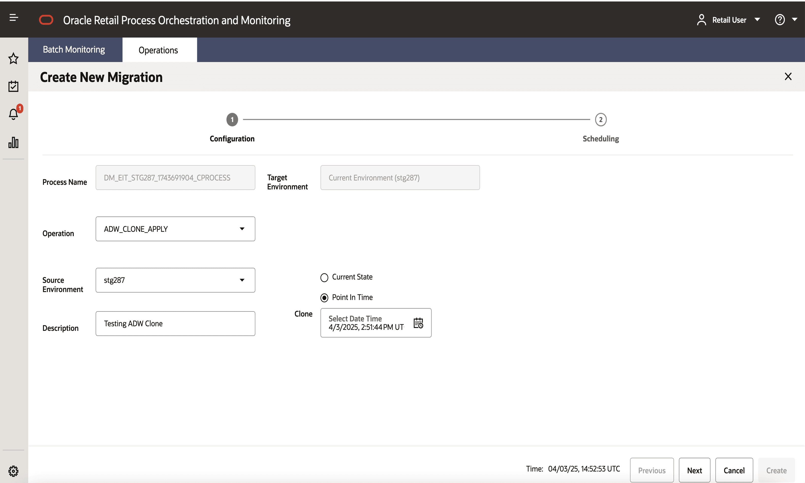 Create New Migration – Configuration – Point in Time Create New Migration – Configuration – Point in Time