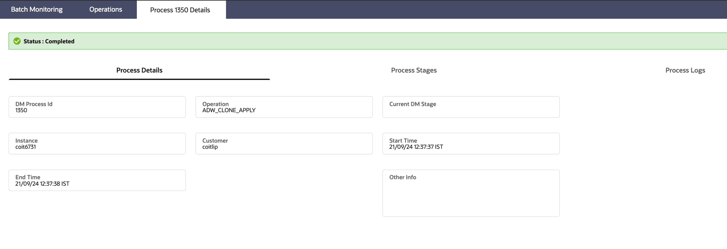 Detail of Data Migration Process in Completed Status – Process Details – Operation: ADW_CLONE_APPLY Detail of Data Migration Process in Completed Status – Process Details – Operation: ADW_CLONE_APPLY