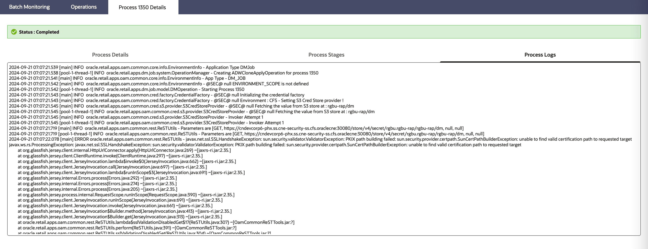 Detail of Data Migration Process in Completed Status – Process Logs – Operation: ADW_CLONE_APPLY Detail of Data Migration Process in Completed Status – Process Logs – Operation: ADW_CLONE_APPLY