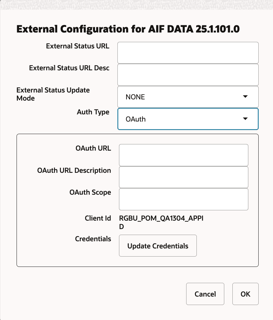 Edit External Configuration Window for OAuth Edit External Configuration Window for OAuth