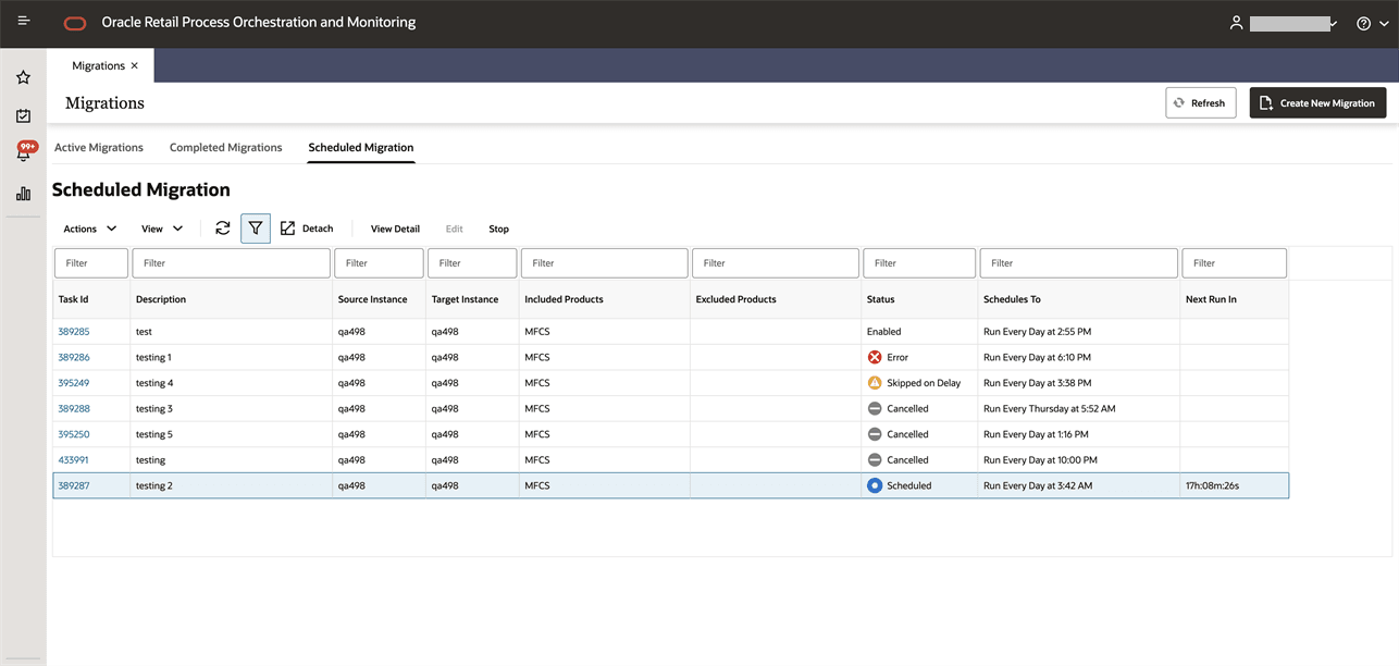 Scheduled Migration Tab