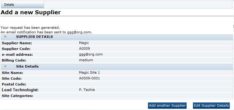 This figure shows the Add a New Supplier Confirmation page. This figure shows the Add a New Supplier Confirmation page.
