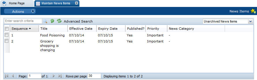 This figures shows the Maintain News Items tab.