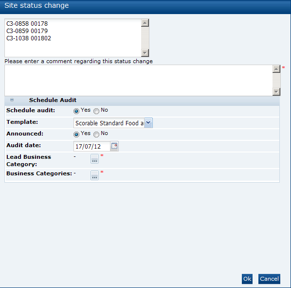 This figure shows the Site Status Change dialog box.