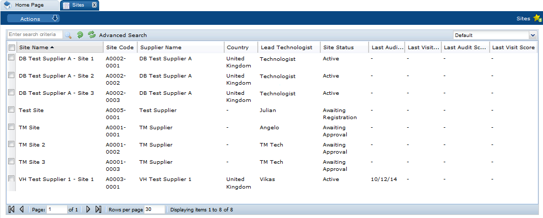This figure shows the Sites page.