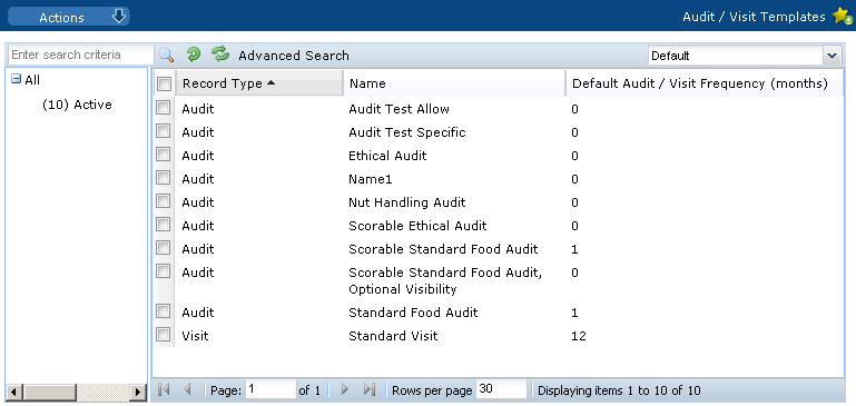 This figure shows the Audit/Visit Templates page. This figure shows the Audit/Visit Templates page.