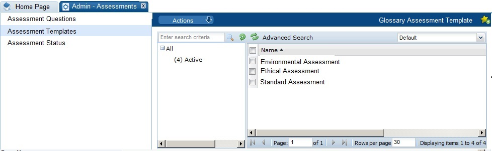 This figure shows the Glossary Assessment Templates page. This figure shows the Glossary Assessment Templates page.