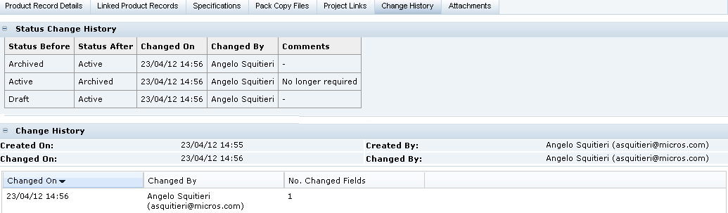 This figure shows the Change History Log page for status.