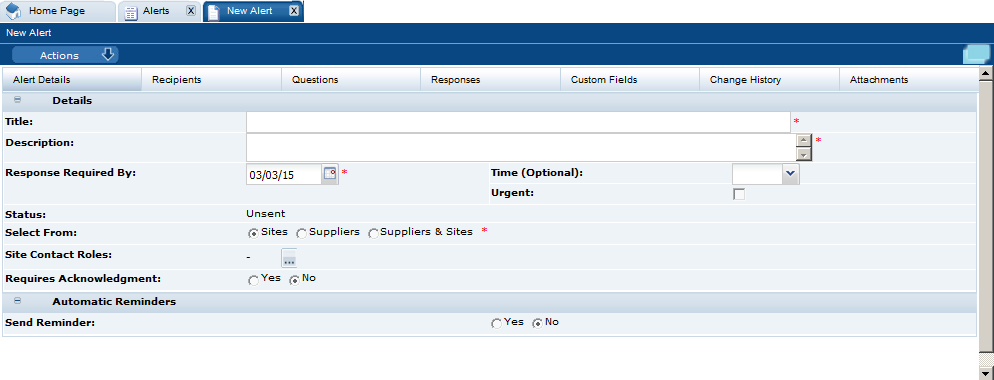 This figure shows the New Alert page. This figure shows the New Alert page.