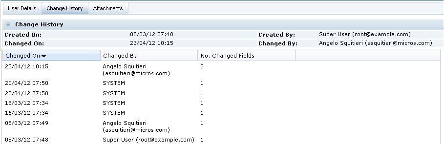 This figure shows the Change History log for a record page.