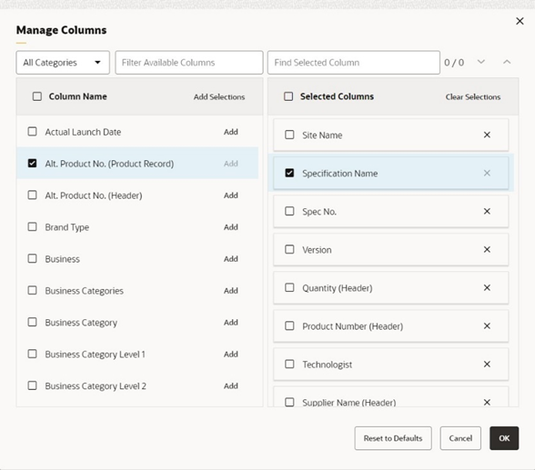 This image shows the Manage Columns page.