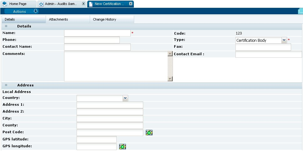 This figure shows the New Certification Body page.