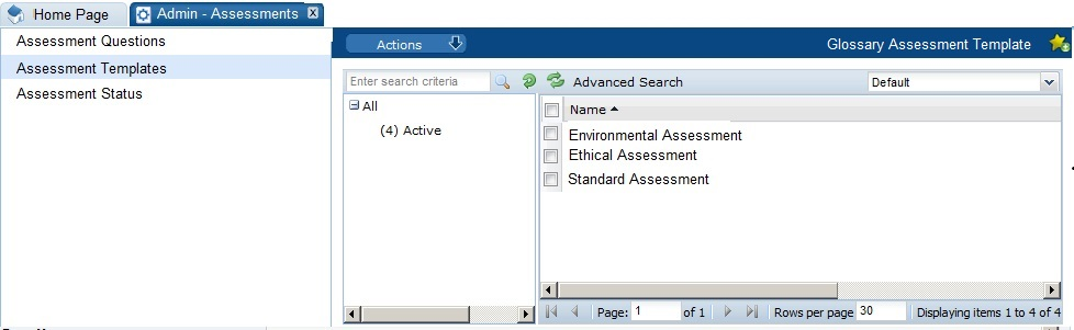 This figure shows the Glossary Assessment Templates page.