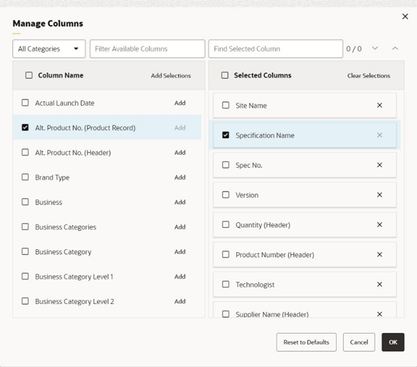 This image shows the Manage Columns page. This image shows the Manage Columns page.