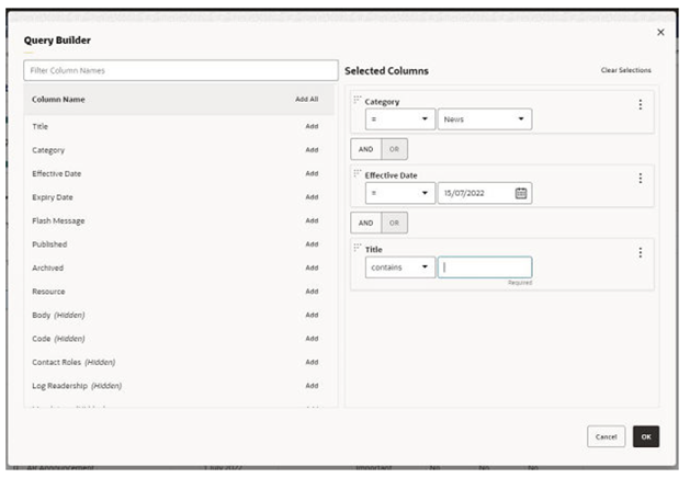 This image shows the query builder dialog box. This image shows the query builder dialog box.