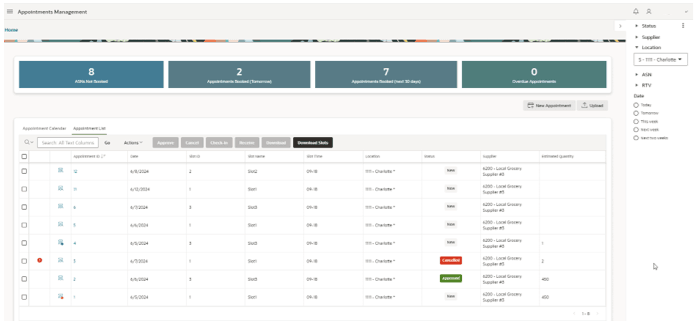 This image shows the Appointments Management screen.