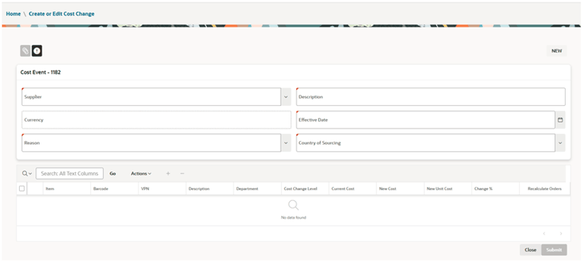 This image shows the Create or Edit Cost Change screen.