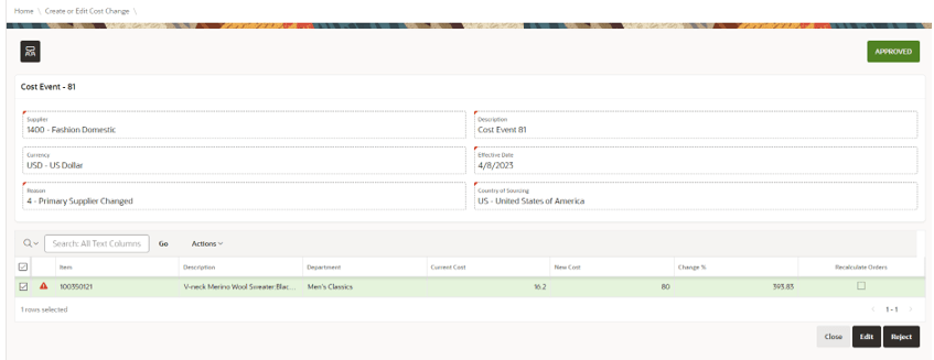 This image shows the Create or Edit Cost Change screen. This image shows the Create or Edit Cost Change screen.