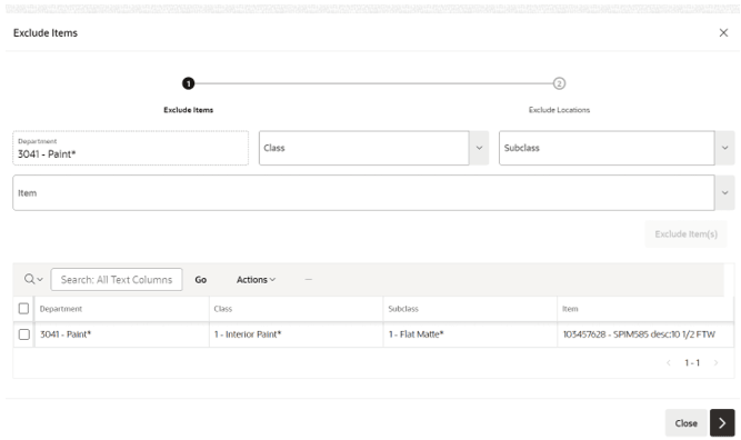 This image shows the Exclude Items screen.
