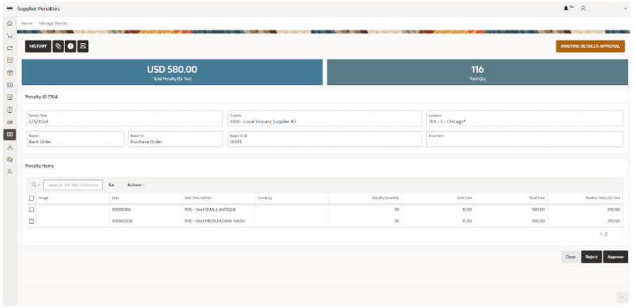 This image shows the Manage Penalty screen.