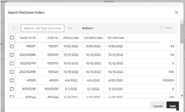 This image shows the Search Purchase Orders screen.