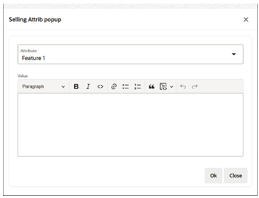 This image shows the Selling Attrib popup dialog box.