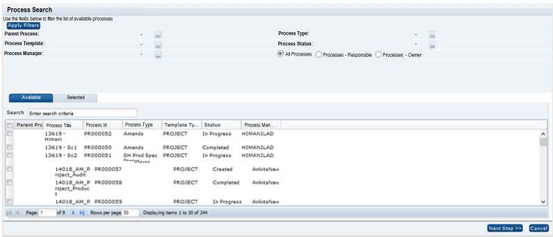 Schedule Processes Wizard Step 1