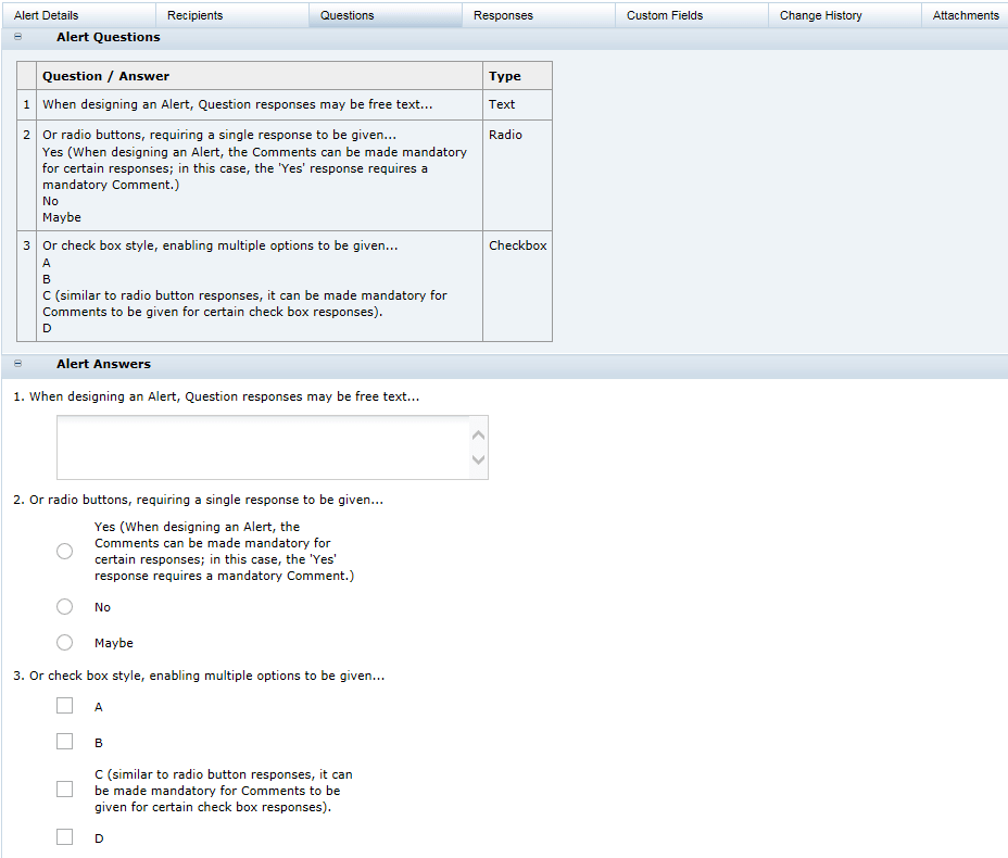This figure shows the Alert Questions page. This figure shows the Alert Questions page.