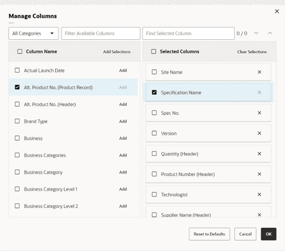 This image shows the Manage Columns page. This image shows the Manage Columns page.