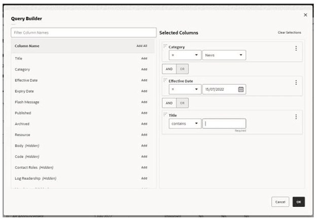This image shows the query builder dialog box. This image shows the query builder dialog box.