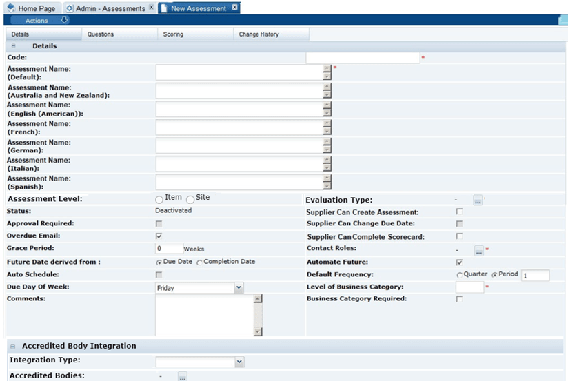 This figure shows the New Assessment Template page.