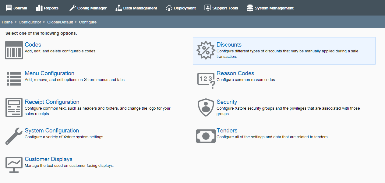 Configure Options page