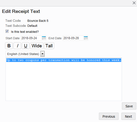 Edit Receipt Text window