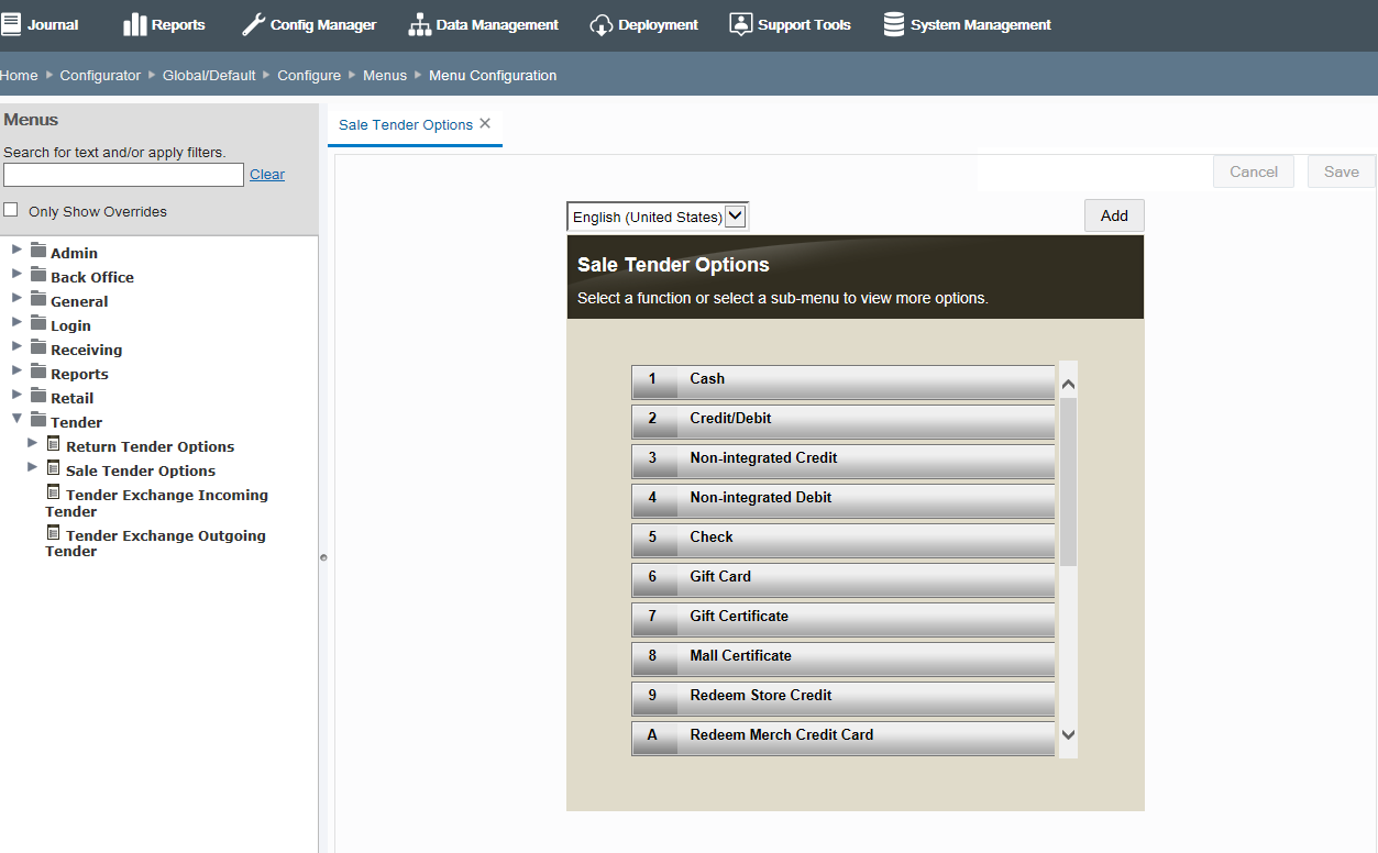 Menu Configuration page category selected