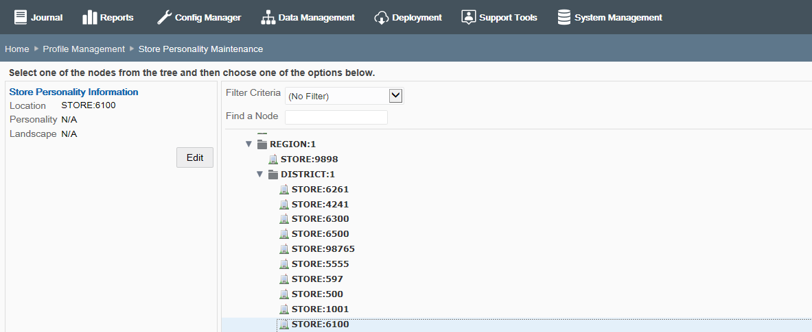 Store Personality Maintenance - Store Node Selected