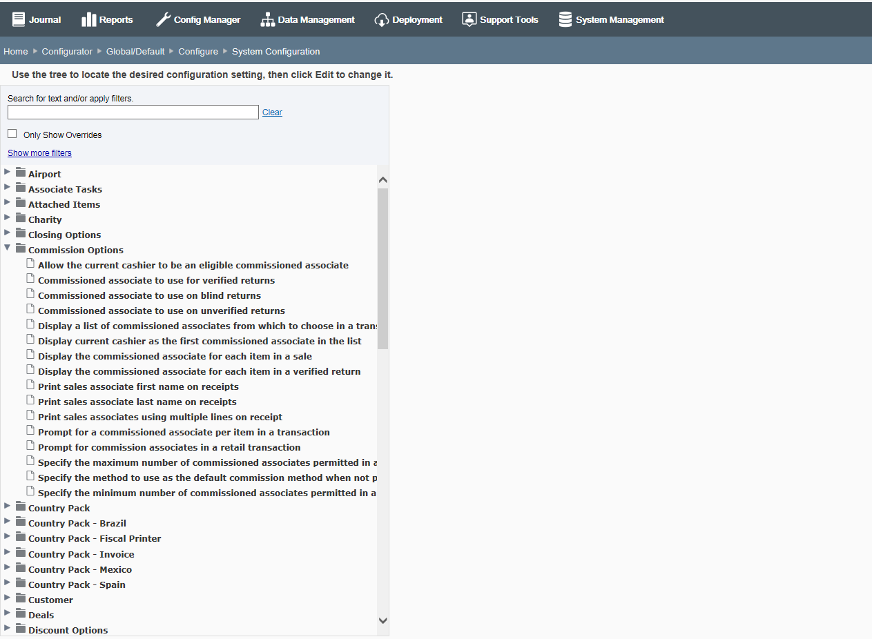 System Configuration Page - Categories expanded