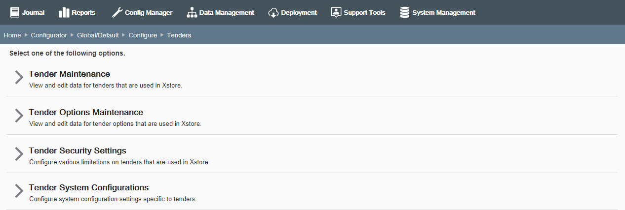 Tender Configuration page