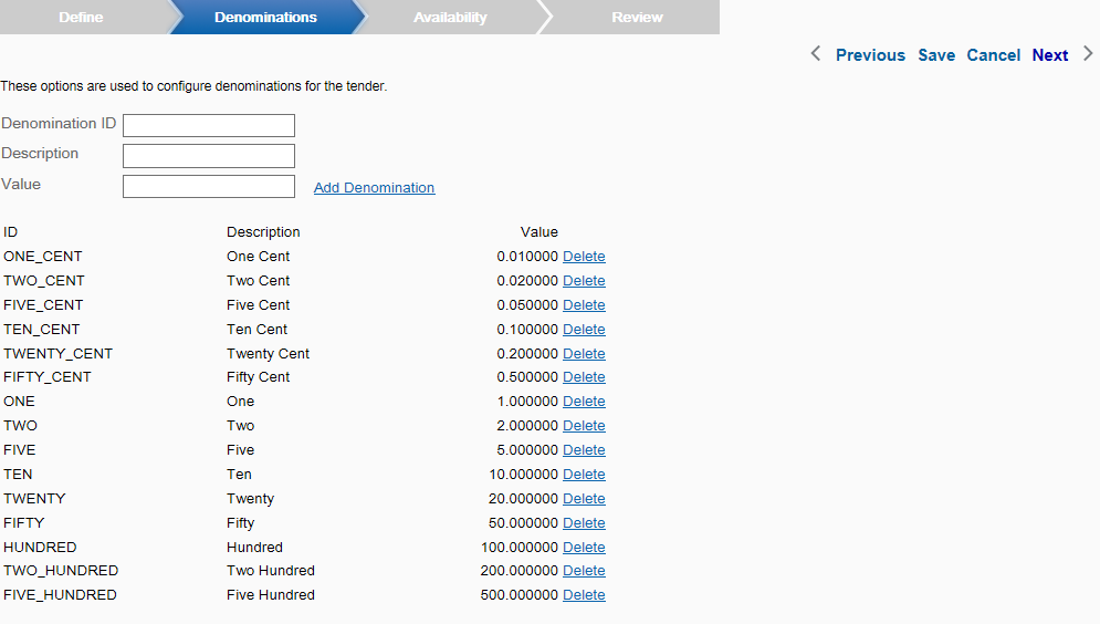 Denomination tab