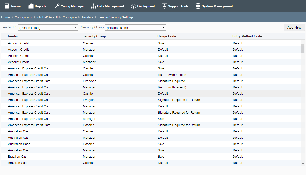 Tender Security Settings page