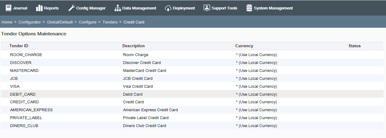 Tender Options Maintenance page Tender Options Maintenance page