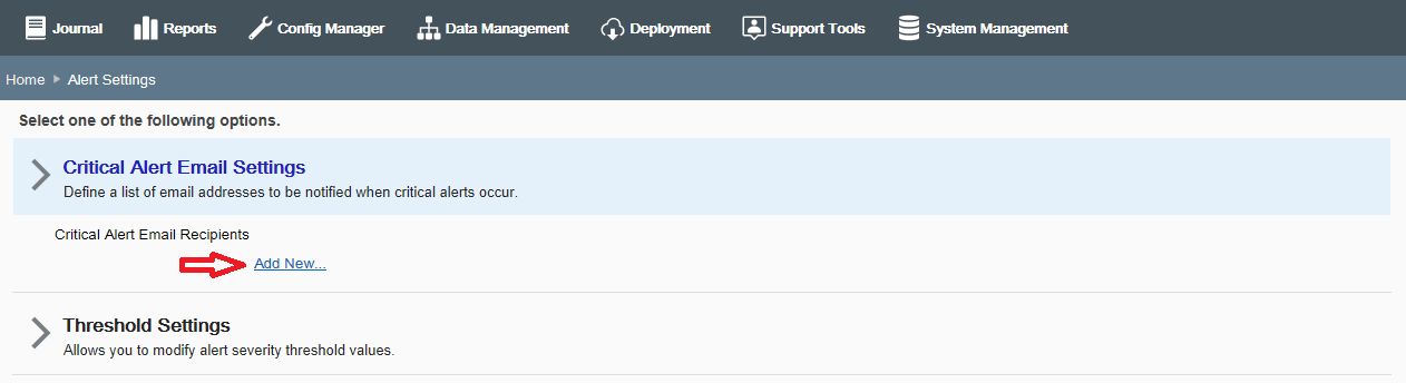 Critical Alert Email Settings Add New option marked Critical Alert Email Settings Add New option marked