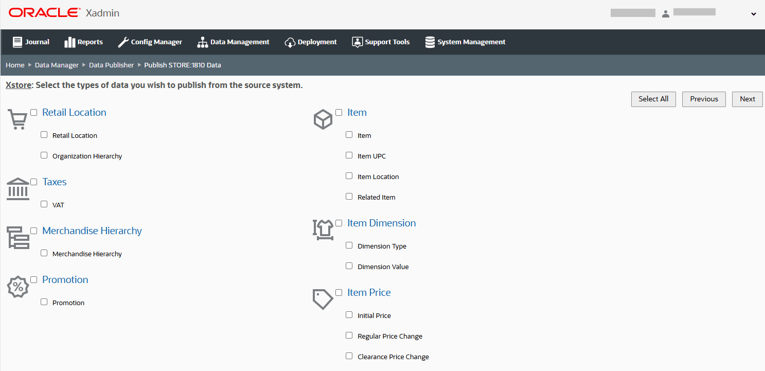 Publish Data page with Target Database Tier Xstore
