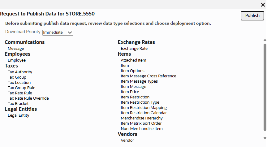 Request to Publish Data Window